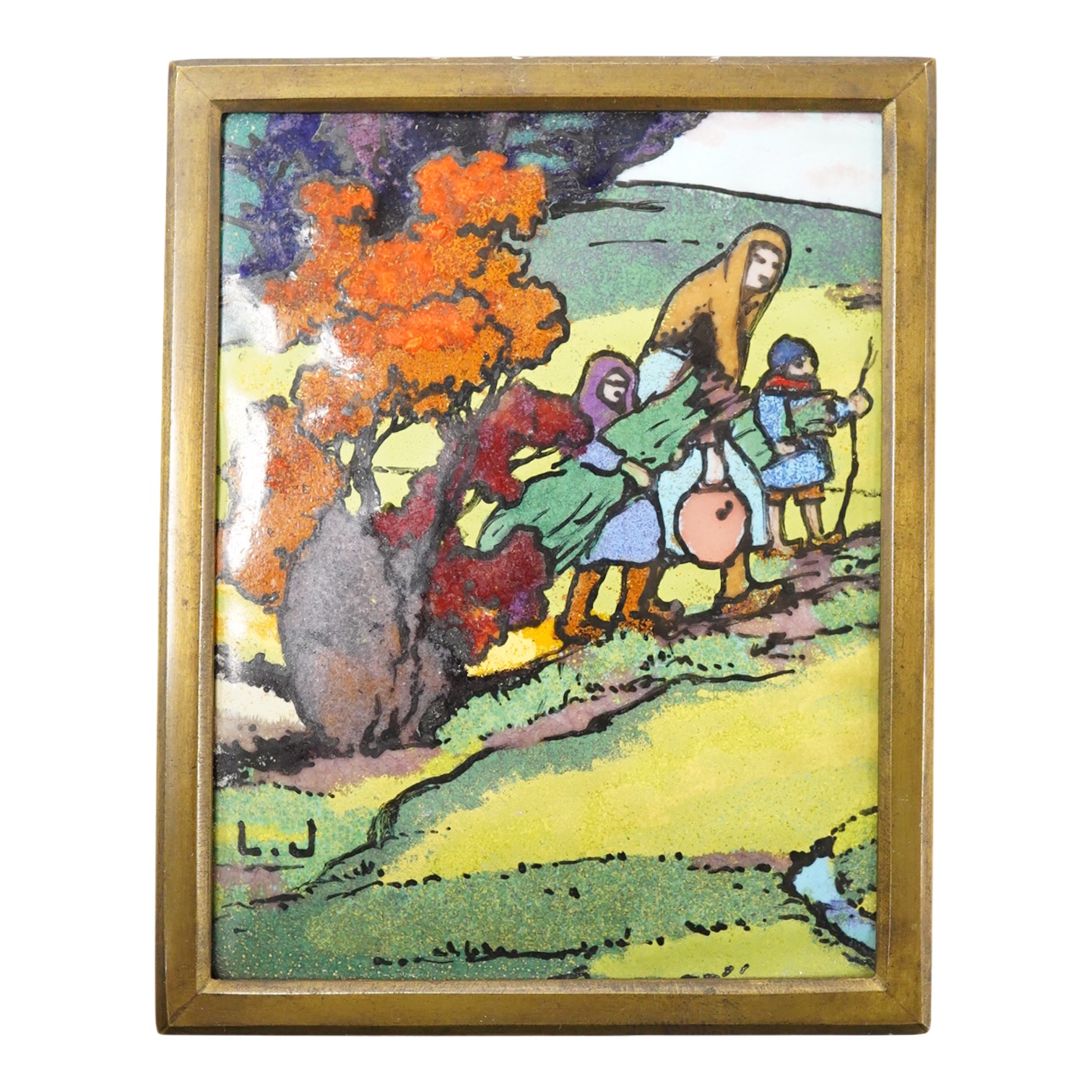 Léon Jouhaud (1874-1950), 'Retour au Logis', signed lower left, an enamel on copper plaque, 9.5 x 7cm